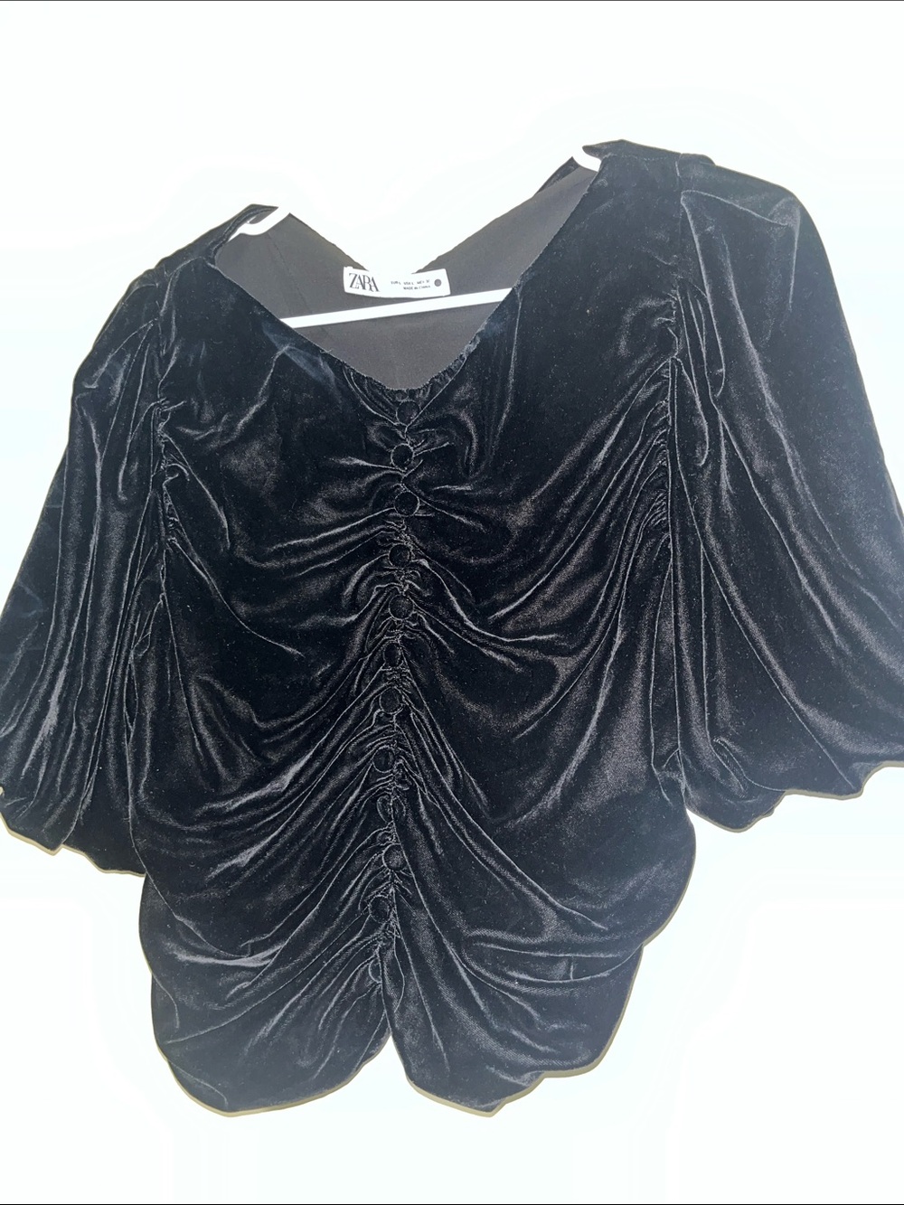 Zara Black Velvet Ruched Puff-Sleeve Top
